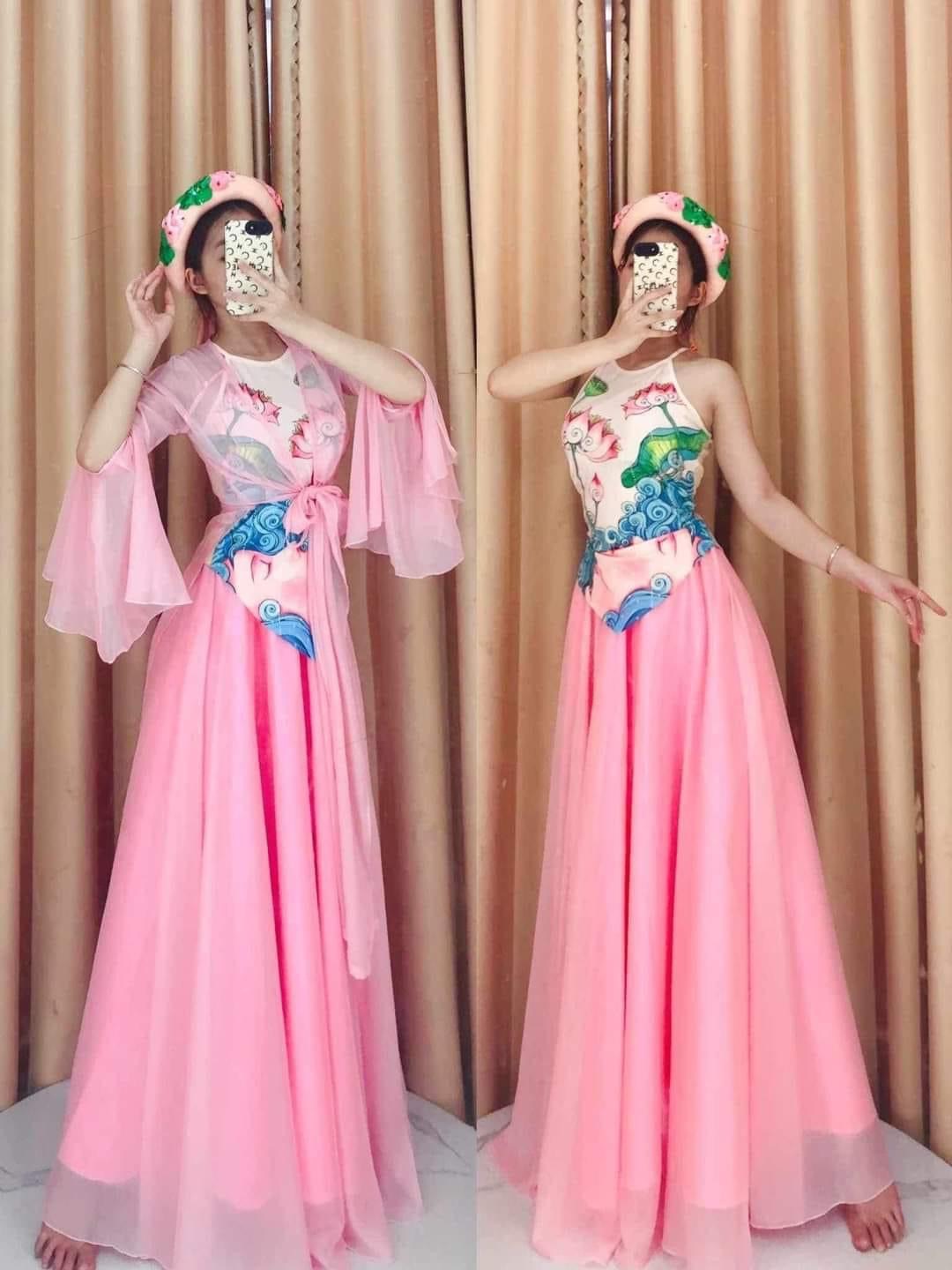 vay-mua-tu-than-mau-hong-nhat cho thuê váy múa tứ thân