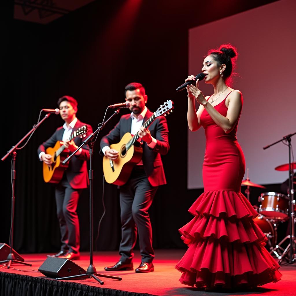 Ban nhạc Flamenco chuyên nghiệp của Trang Phục Hàng Xanh đang biểu diễn sôi động tại sự kiện khách hàng TPHCM.