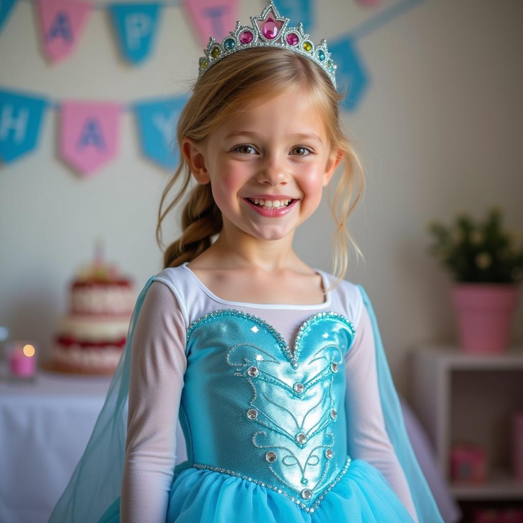 Bé gái vui vẻ mặc đồ công chúa Elsa thuê từ Trang Phục Hàng Xanh trong tiệc sinh nhật
