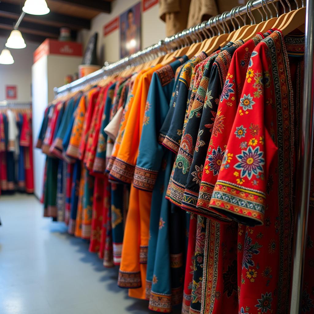 Bộ sưu tập trang phục dân tộc Dao được treo ngay ngắn, sạch sẽ và thơm tho tại cửa hàng Trang Phục Hàng Xanh.