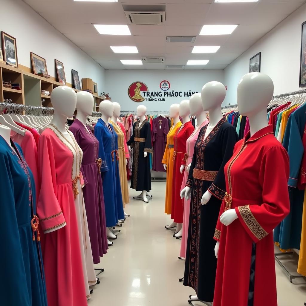 Bộ sưu tập trang phục Mông Cổ đa dạng kiểu dáng và màu sắc được trưng bày tại cửa hàng Trang Phục Hàng Xanh