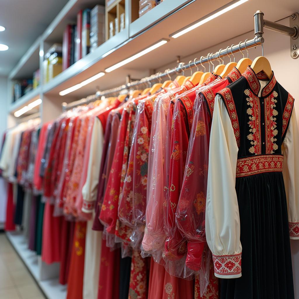 Bộ sưu tập trang phục dân tộc Mường nam và nữ sạch đẹp, được treo ngay ngắn tại cửa hàng Trang Phục Hàng Xanh