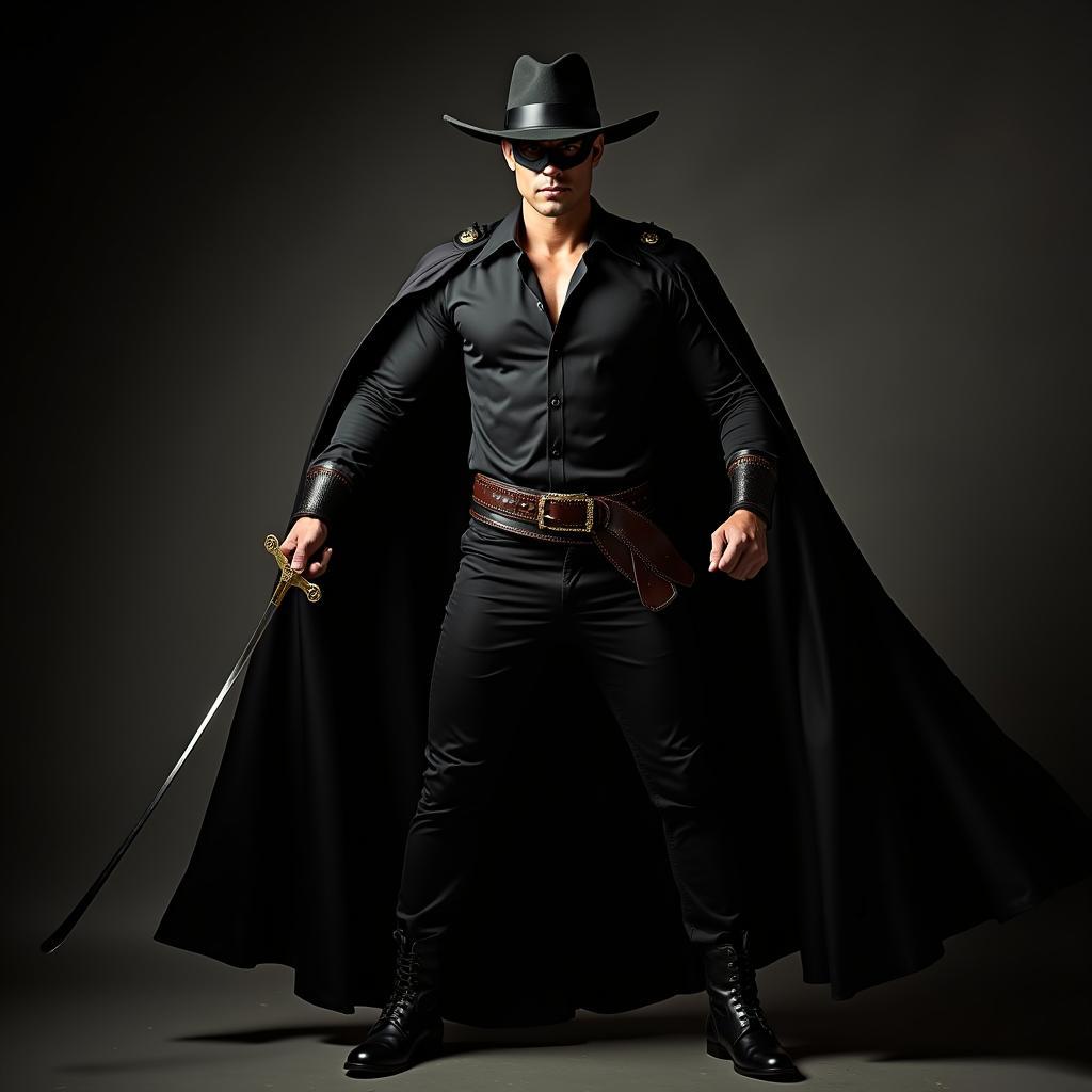Mẫu trang phục cho thuê đồ Zorro hiệp sĩ mặt nạ đen đầy đủ phụ kiện kiếm và mũ tại TPHCM