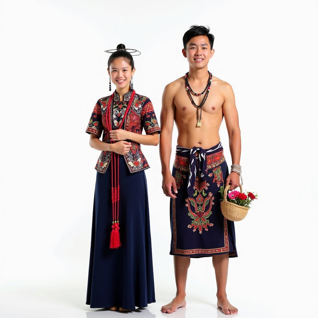 Cặp đôi người mẫu mặc bộ trang phục dân tộc Bana nam và nữ cho thuê đầy đủ phụ kiện tại Trang Phục Hàng Xanh