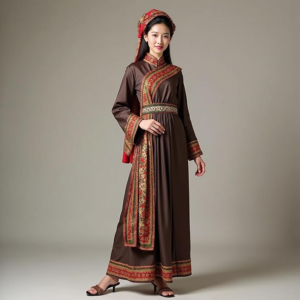 Người mẫu nữ mặc bộ trang phục dân tộc Sán Dìu truyền thống đầy đủ phụ kiện khăn đội đầu và thắt lưng