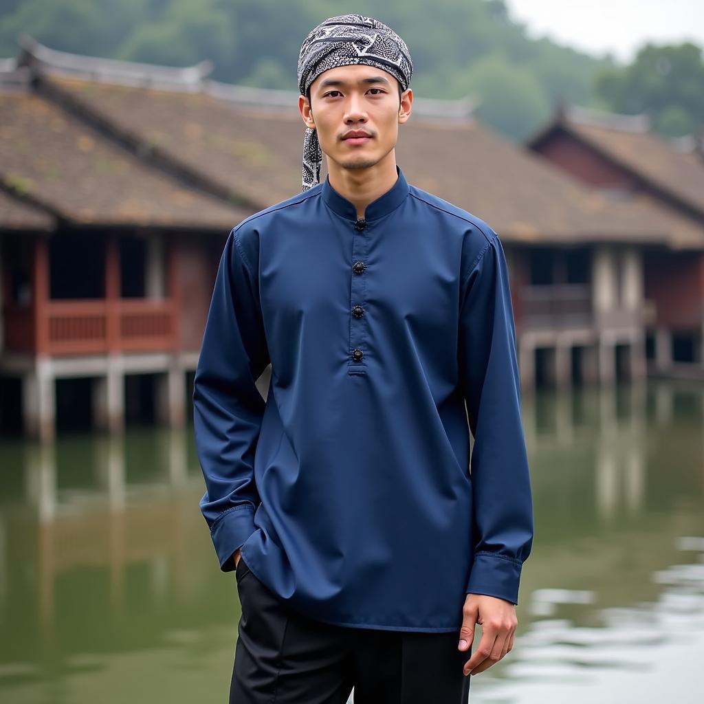 Bộ trang phục dân tộc Thái nam truyền thống cho thuê tại TPHCM với áo cóm và khăn piêu