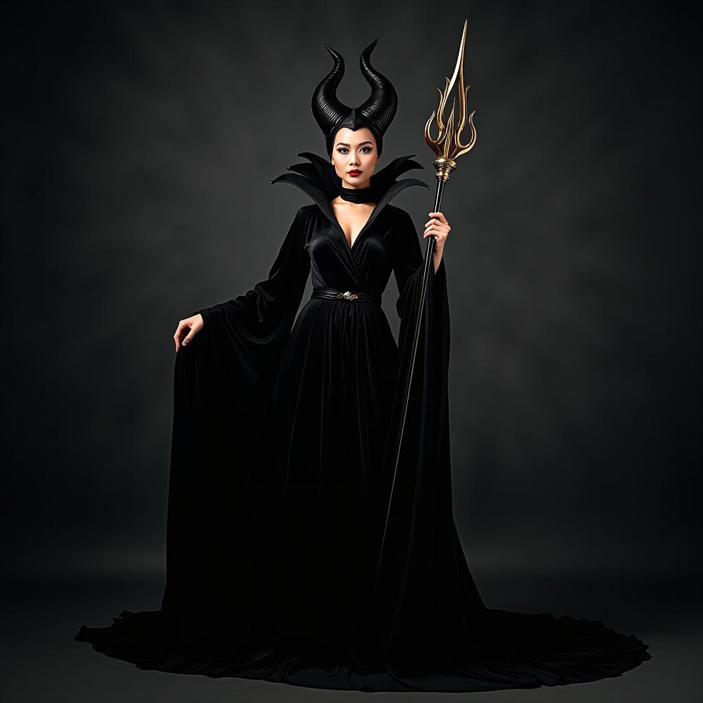 Người mẫu mặc bộ trang phục Maleficent màu đen quyền lực với đôi sừng cong đặc trưng và quyền trượng tại studio