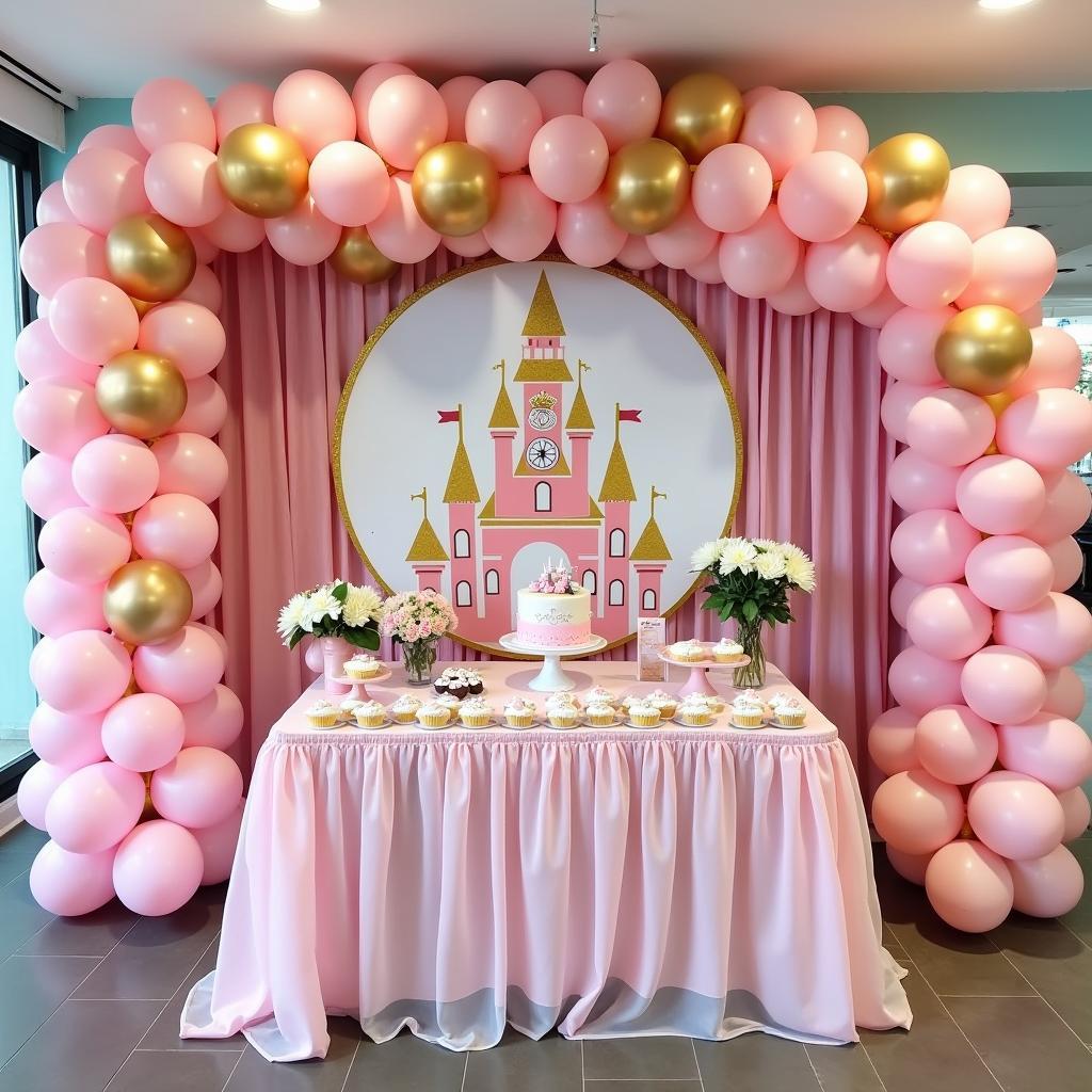 Chi tiết bộ trang trí sinh nhật cho bé gái chủ đề công chúa với tông màu hồng ngọt ngào tại Trang Phục Hàng Xanh