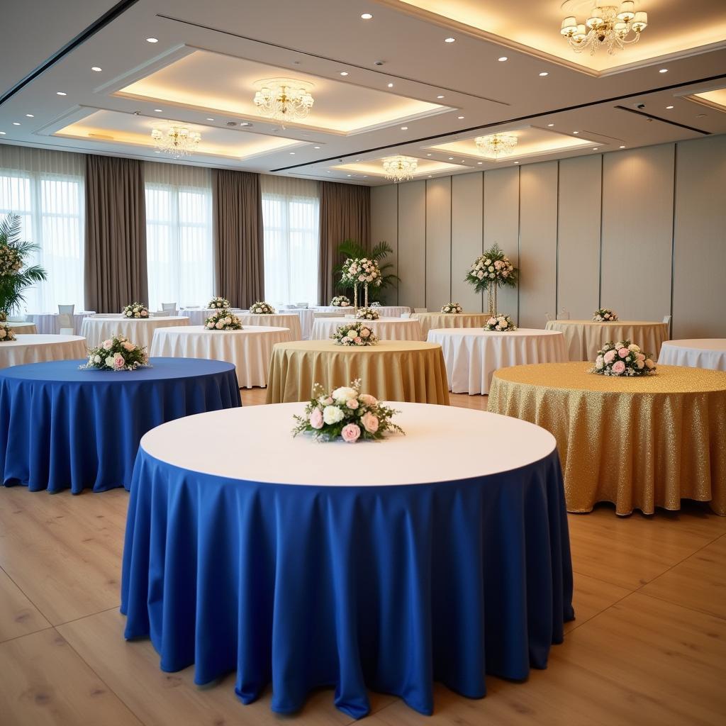 Các mẫu khăn trải bàn cho thuê tại Trang Phục Hàng Xanh với đa dạng màu sắc và chất liệu cho sự kiện