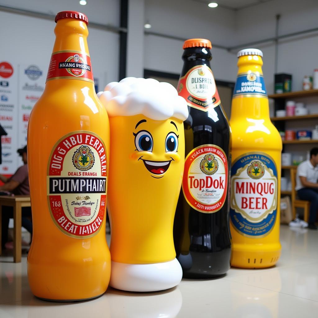 Bộ sưu tập các mẫu mascot chai bia và ly bia sạch sẽ, mới đẹp đang được trưng bày tại cửa hàng Trang Phục Hàng Xanh