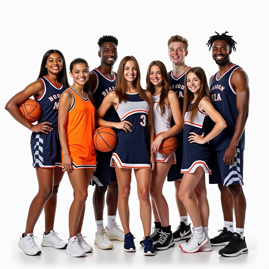 Nhóm bạn trẻ mặc trang phục cầu thủ và cheerleader bóng rổ đa dạng của Trang Phục Hàng Xanh tại TPHCM
