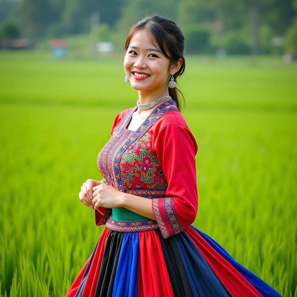 Mẫu trang phục dân tộc Hoa (H'Mông) cho nữ thuê tại TPHCM với váy xòe rực rỡ