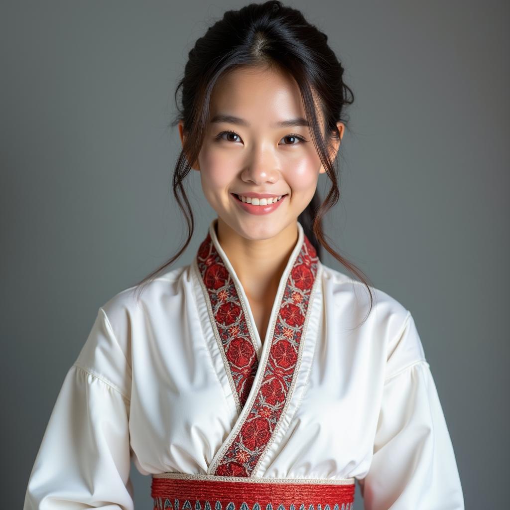 Mẫu trang phục dân tộc Mường nữ truyền thống với váy đen và áo pắn trắng cho thuê chụp ảnh sự kiện tại TPHCM