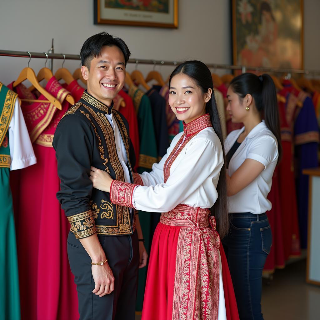 Một cặp đôi đang thử trang phục dân tộc Tày nam và nữ tại cửa hàng Trang Phục Hàng Xanh ở TPHCM