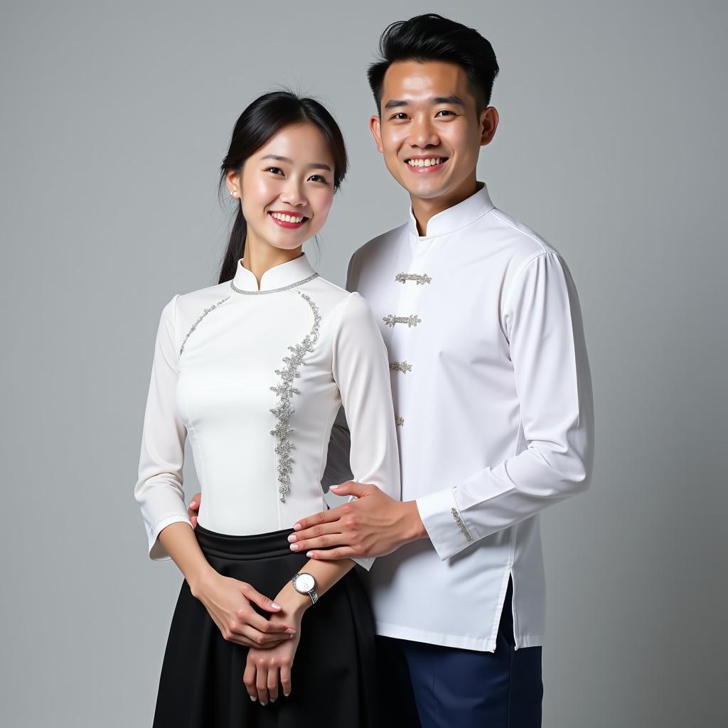 Cặp đôi nam nữ trong trang phục dân tộc Thái Trắng truyền thống chụp ảnh tại TPHCM