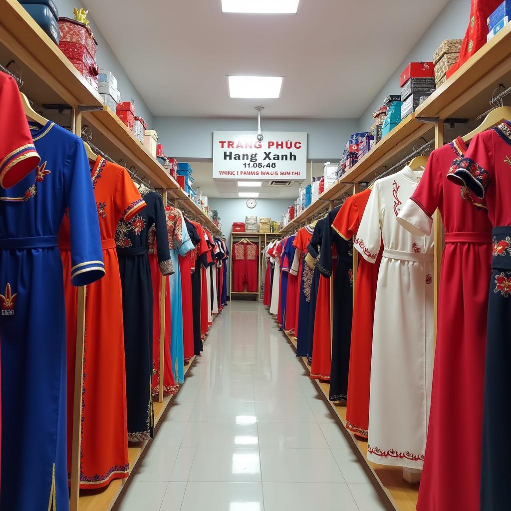 Cửa hàng Trang Phục Hàng Xanh với nhiều mẫu trang phục dân tộc Ê Đê được treo ngay ngắn, sạch sẽ