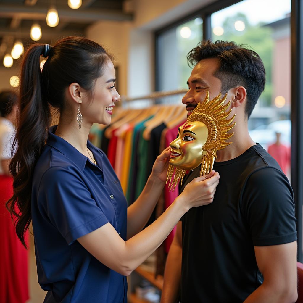 Khách hàng đang thử đồ hóa trang Tôn Ngộ Không tại cửa hàng Trang Phục Hàng Xanh ở TPHCM