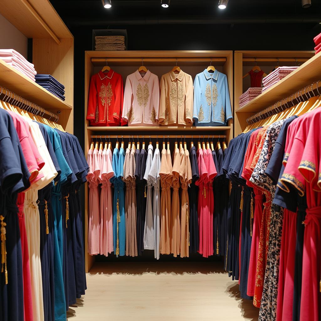 Giá treo nhiều bộ trang phục dân tộc Bana được sắp xếp gọn gàng, sạch sẽ tại cửa hàng Trang Phục Hàng Xanh ở TPHCM