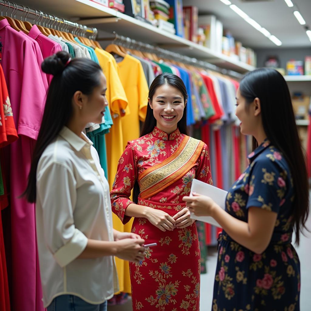 Khách hàng đang được nhân viên tư vấn chọn thuê trang phục Lào tại cửa hàng Trang Phục Hàng Xanh ở TPHCM