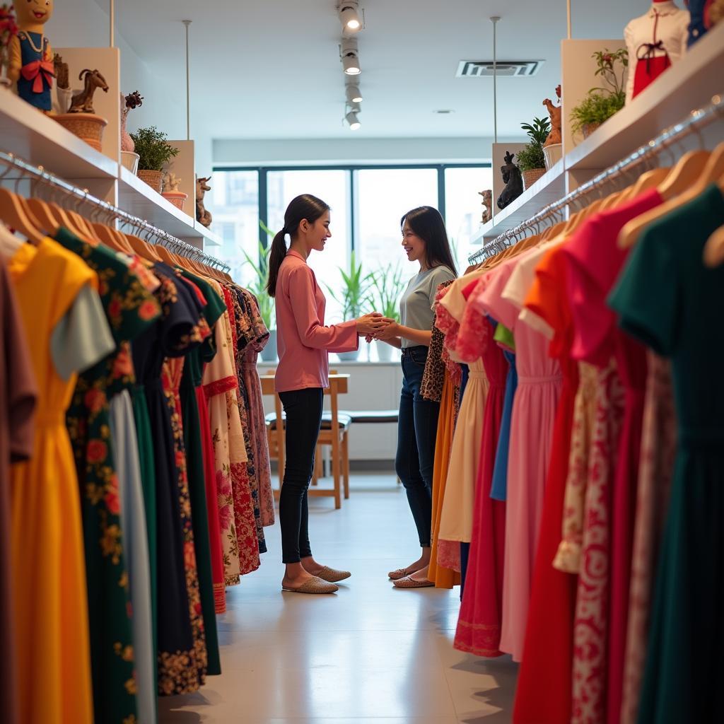 Không gian cửa hàng Trang Phục Hàng Xanh với nhiều mẫu trang phục người Mường được treo ngay ngắn, sạch sẽ