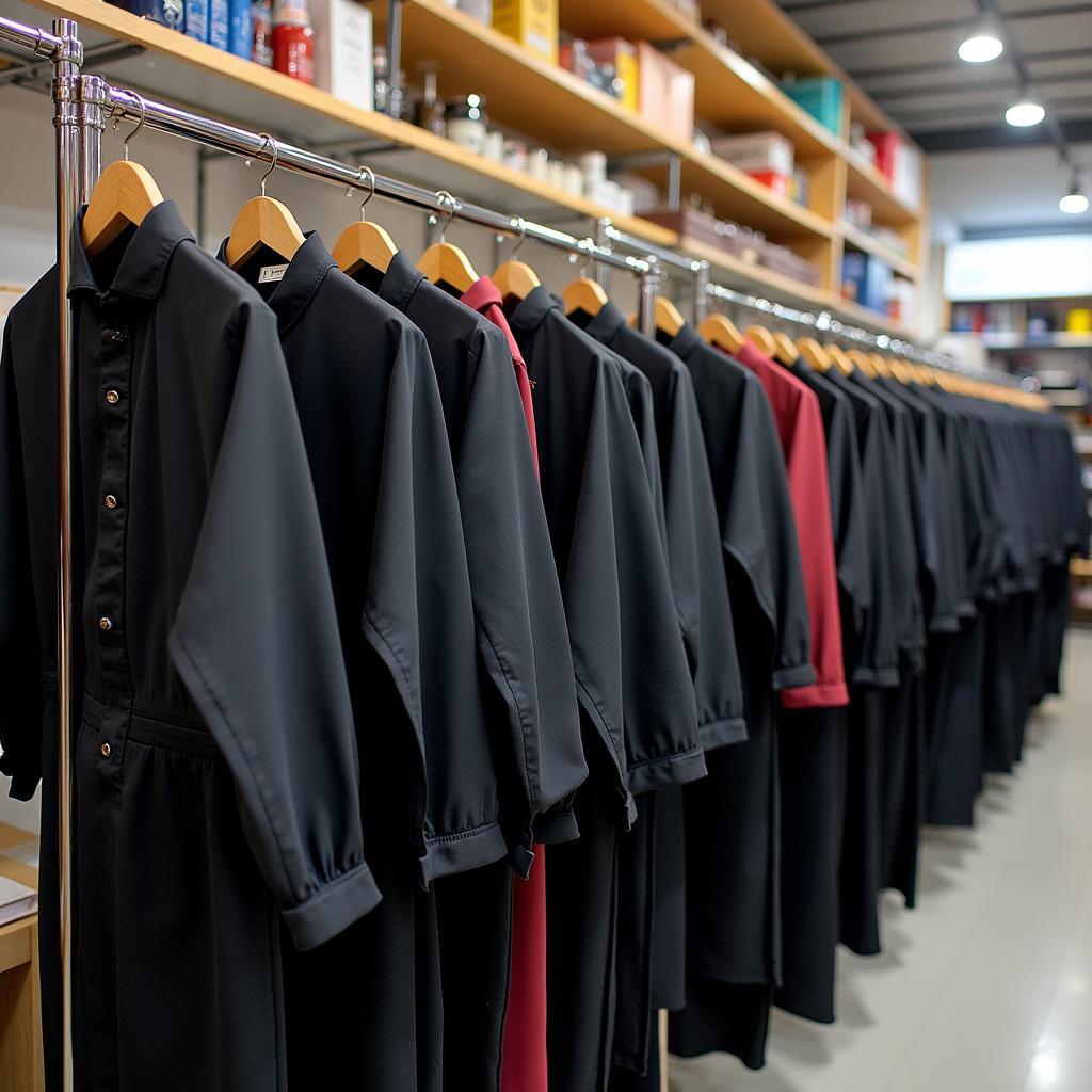 Giá treo đầy ắp các bộ trang phục dân tộc Thái Đen sạch sẽ, phẳng phiu tại cửa hàng Trang Phục Hàng Xanh