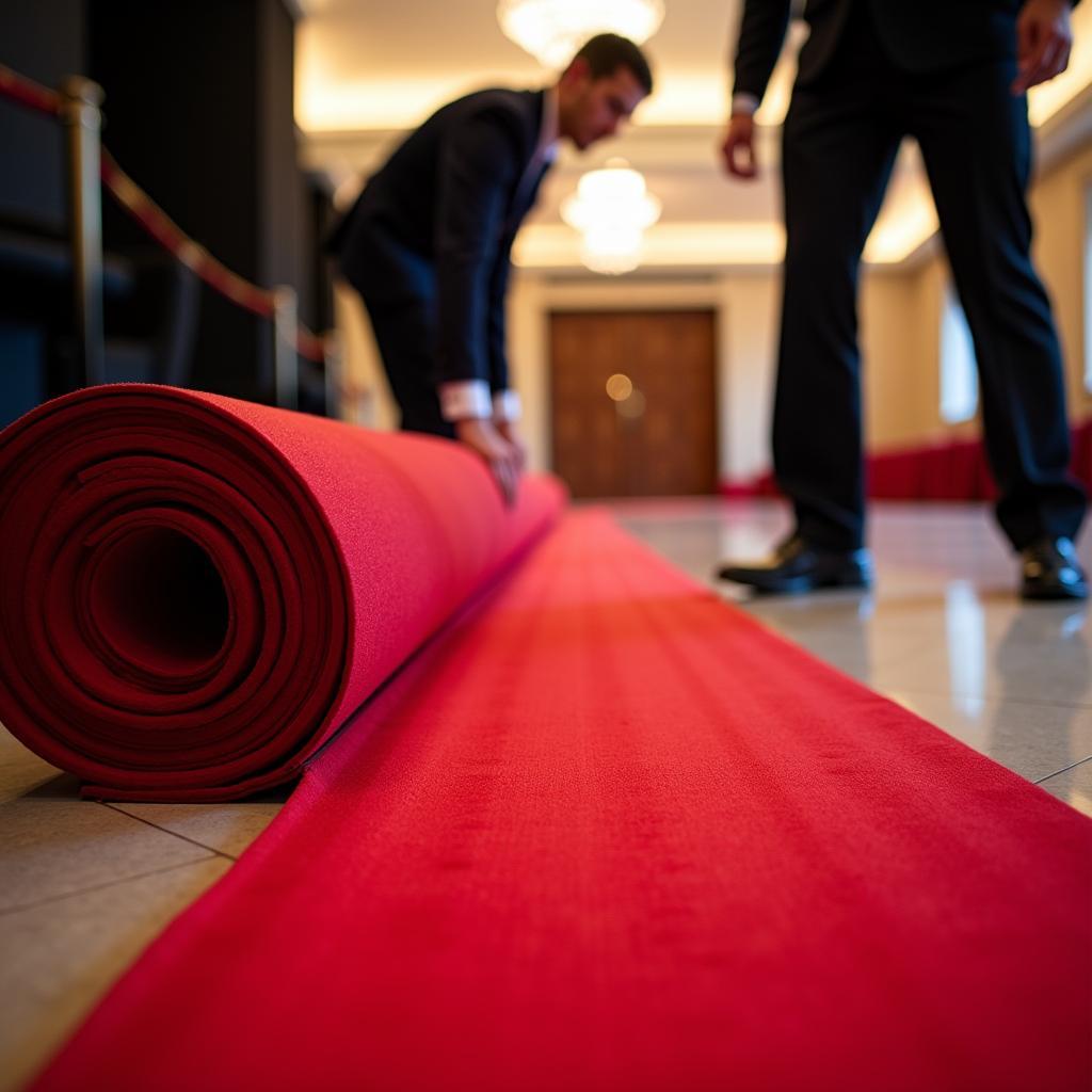 Nhân viên Trang Phục Hàng Xanh đang lắp đặt thảm đỏ lối đi cho sự kiện của khách hàng