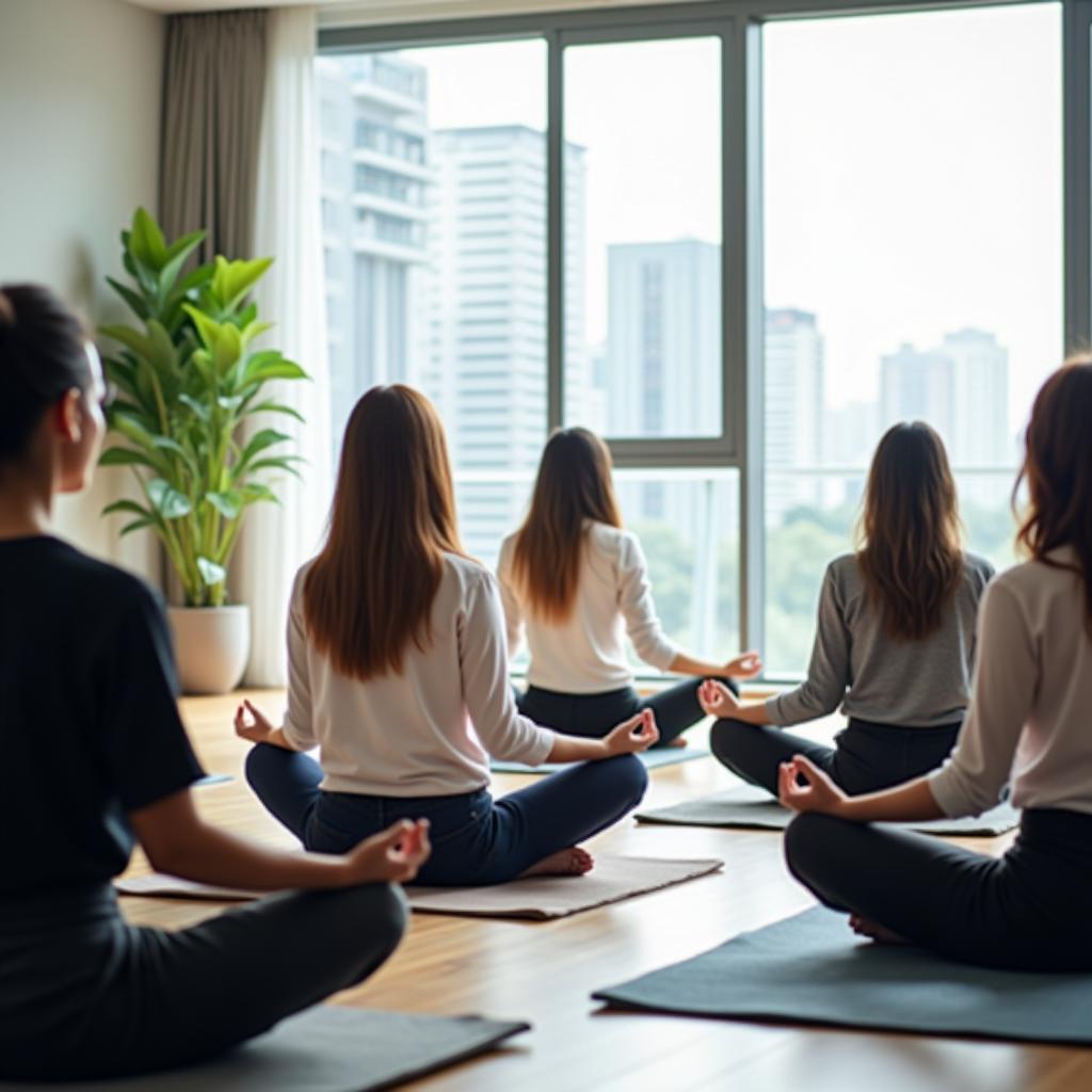 Hướng dẫn viên thiền chuyên nghiệp của Trang Phục Hàng Xanh đang dẫn dắt buổi workshop thiền cho nhân viên văn phòng TPHCM