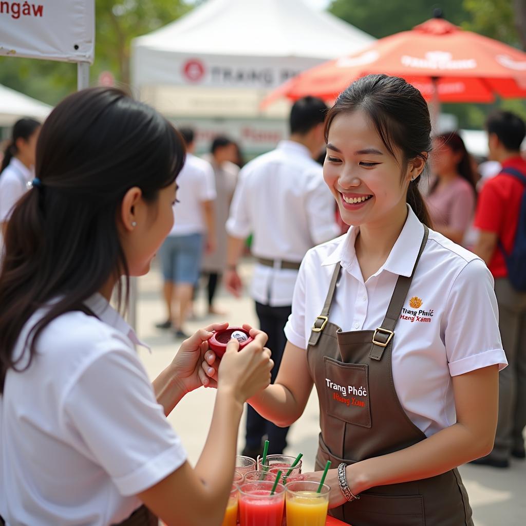 Nhân viên Trang Phục Hàng Xanh đang hướng dẫn khách hàng sử dụng máy ép trái cây cho sự kiện tại TPHCM