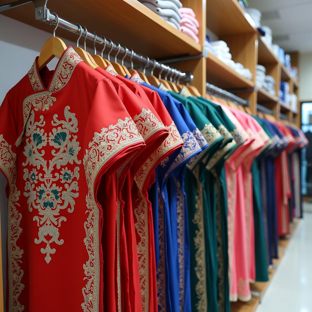 Dãy trang phục dân tộc Sán Dìu được treo ngăn nắp trên sào tại cửa hàng Trang Phục Hàng Xanh