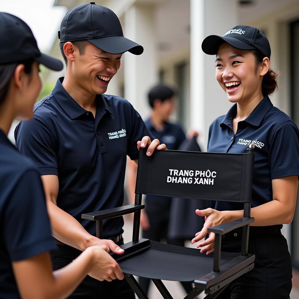 Nhân viên Trang Phục Hàng Xanh đang giao ghế đạo diễn chuyên nghiệp cho khách hàng tại sự kiện TPHCM