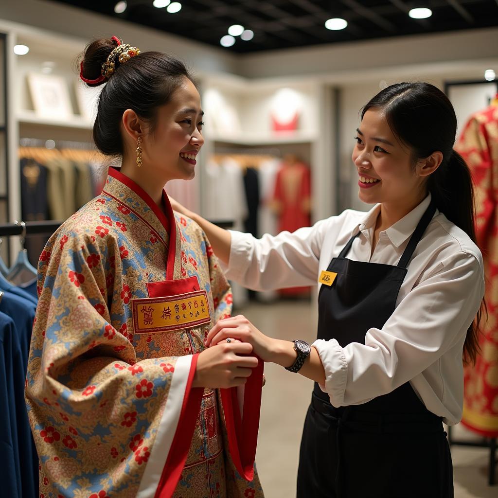 Khách hàng hài lòng khi thuê trang phục nhà Thanh sạch đẹp, chất lượng tại Trang Phục Hàng Xanh.