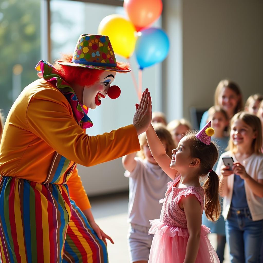 Các em nhỏ và phụ huynh tỏ ra thích thú khi chụp ảnh cùng chú hề đi cà kheo tại sự kiện sinh nhật.