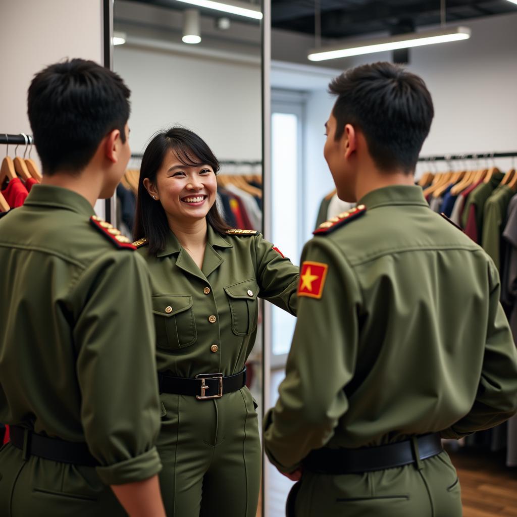 Khách hàng đang được nhân viên tư vấn và thử đồ bộ đội trực tiếp tại cửa hàng Trang Phục Hàng Xanh