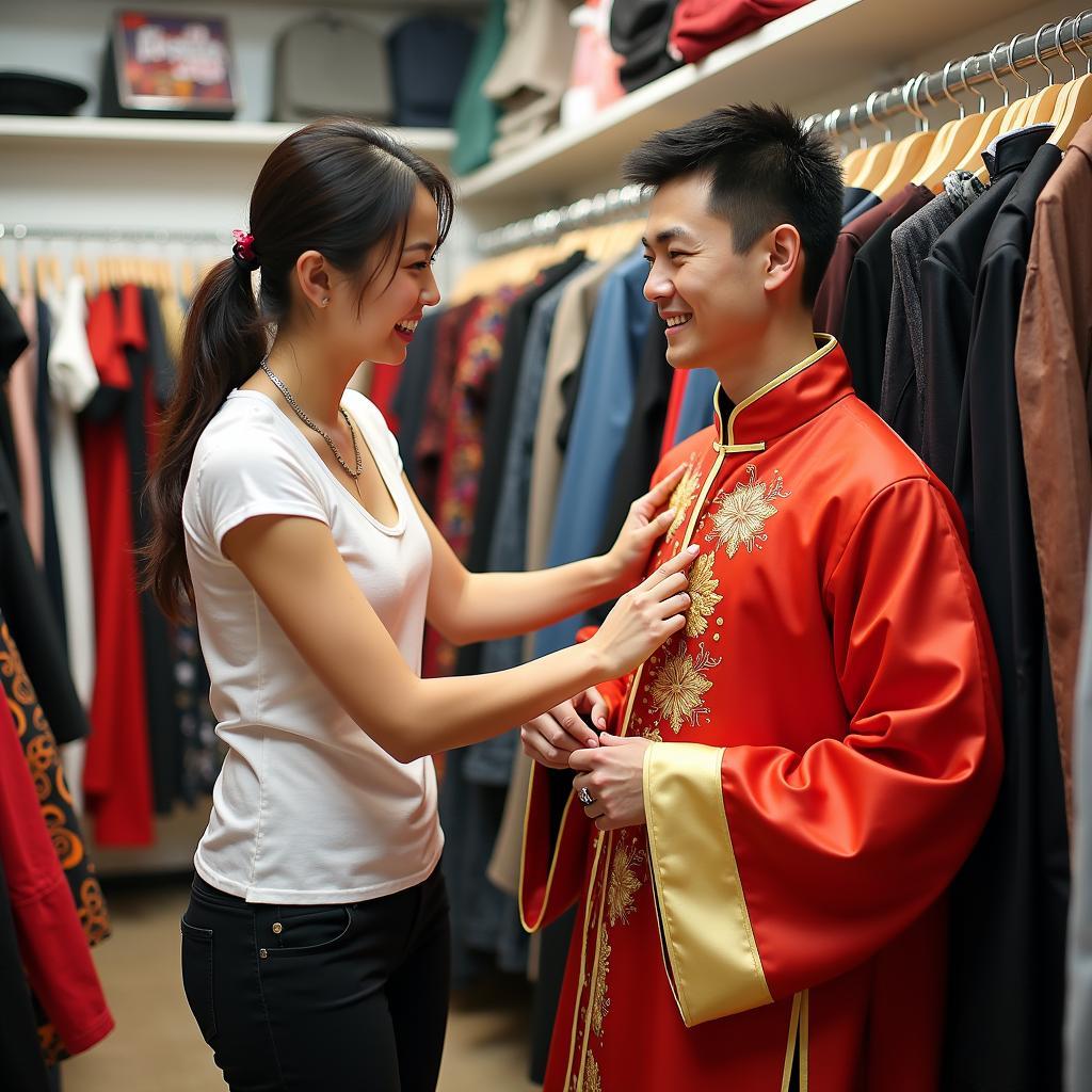 Khách hàng đang thử đồ Đường Tăng tại cửa hàng Trang Phục Hàng Xanh với sự tư vấn của nhân viên.