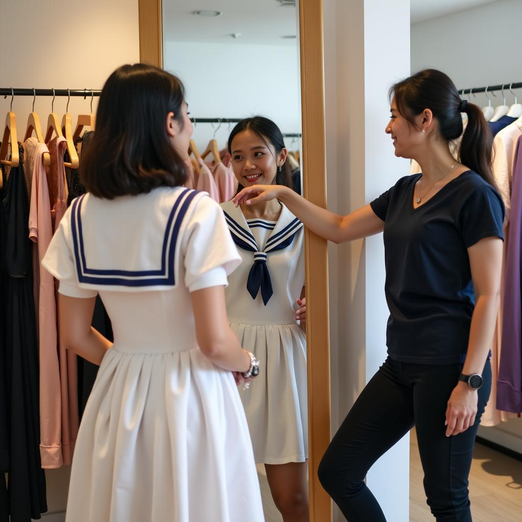 Khách hàng đang vui vẻ thử bộ trang phục thủy thủ nữ tại cửa hàng Trang Phục Hàng Xanh ở TPHCM