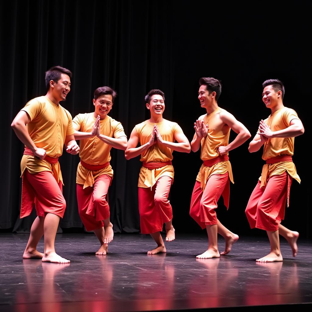 Nhóm khách hàng nam mặc trang phục dân tộc Thái biểu diễn văn nghệ vui vẻ