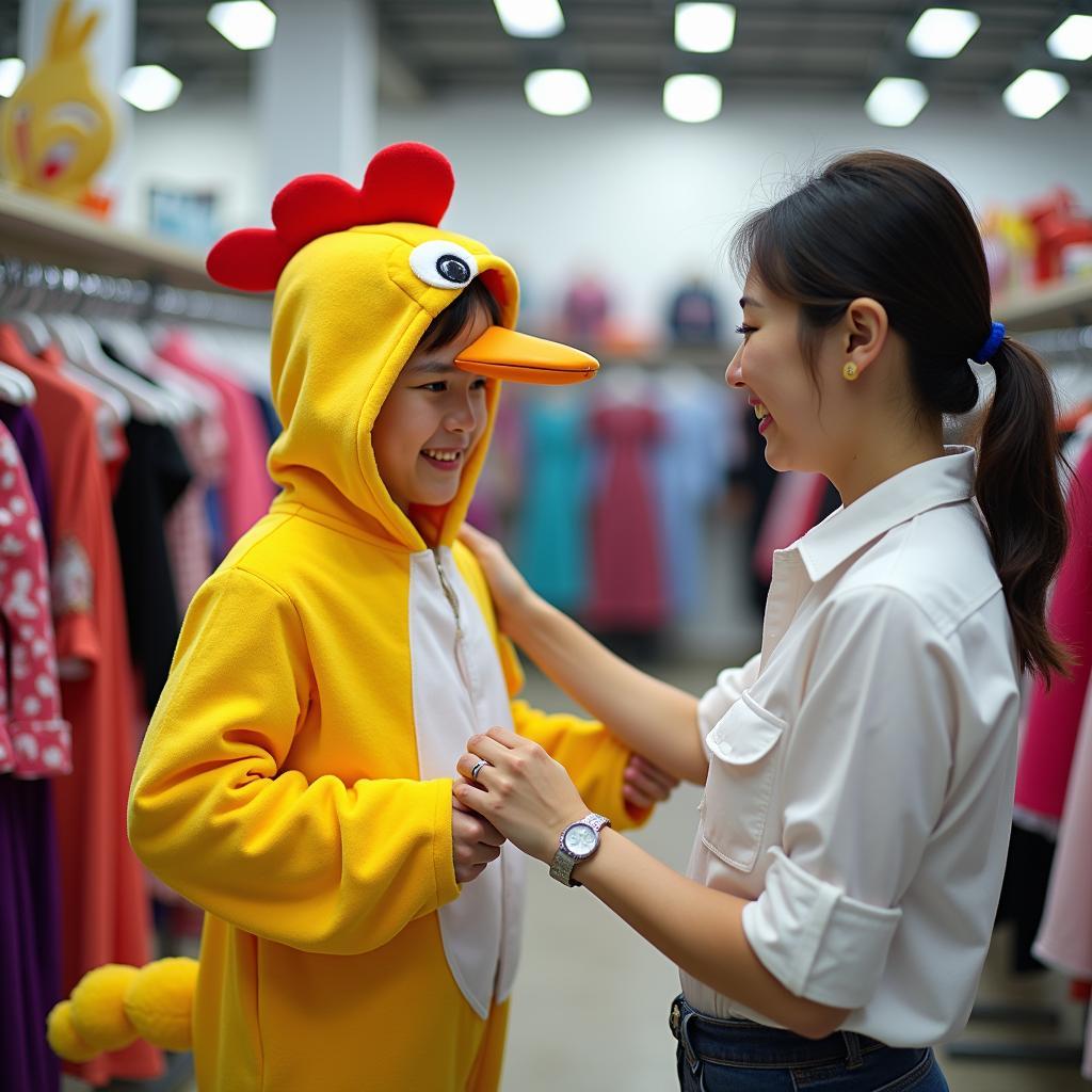 Khách hàng đang vui vẻ thử trang phục hoá trang con gà tại cửa hàng Trang Phục Hàng Xanh