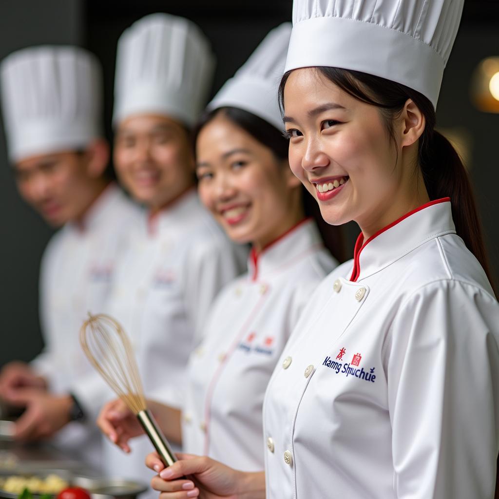 Khách hàng vui vẻ mặc trang phục đầu bếp thuê từ Trang Phục Hàng Xanh trong một sự kiện nấu ăn