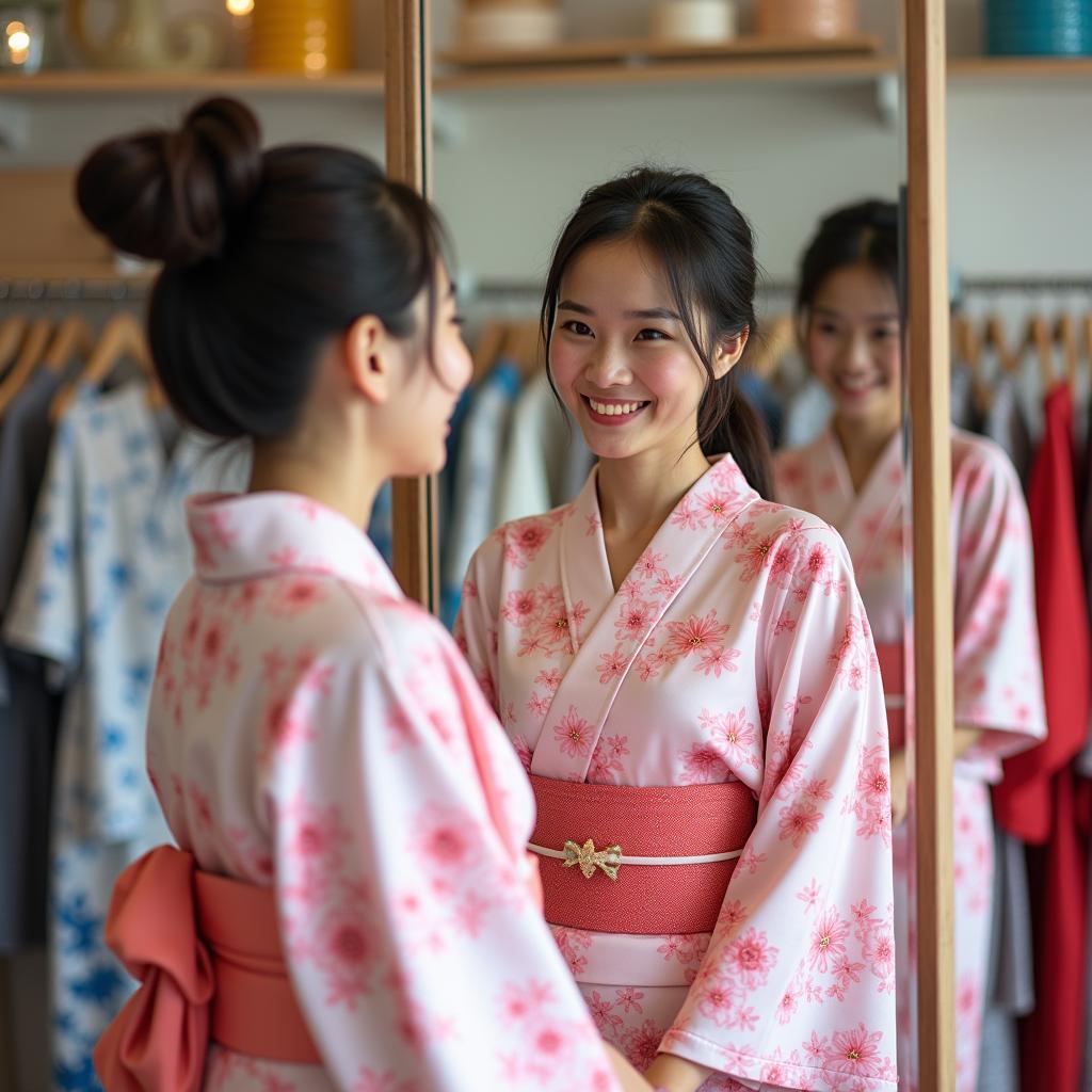 Khách hàng nữ xinh đẹp mặc trang phục truyền thống Nhật Bản được tư vấn tận tình tại Trang Phục Hàng Xanh