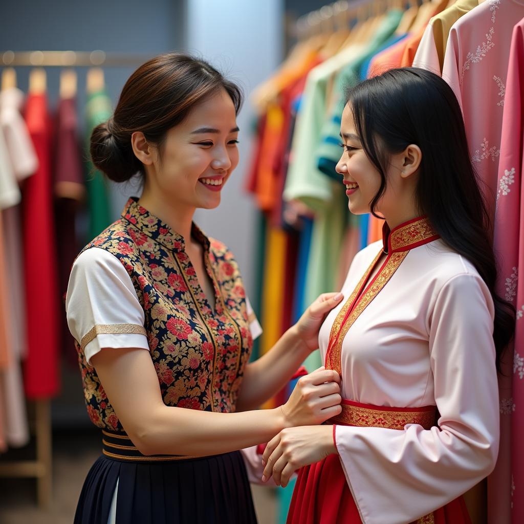 Khách hàng đang được nhân viên Trang Phục Hàng Xanh tư vấn chọn thuê trang phục Tây Nguyên tại cửa hàng TPHCM