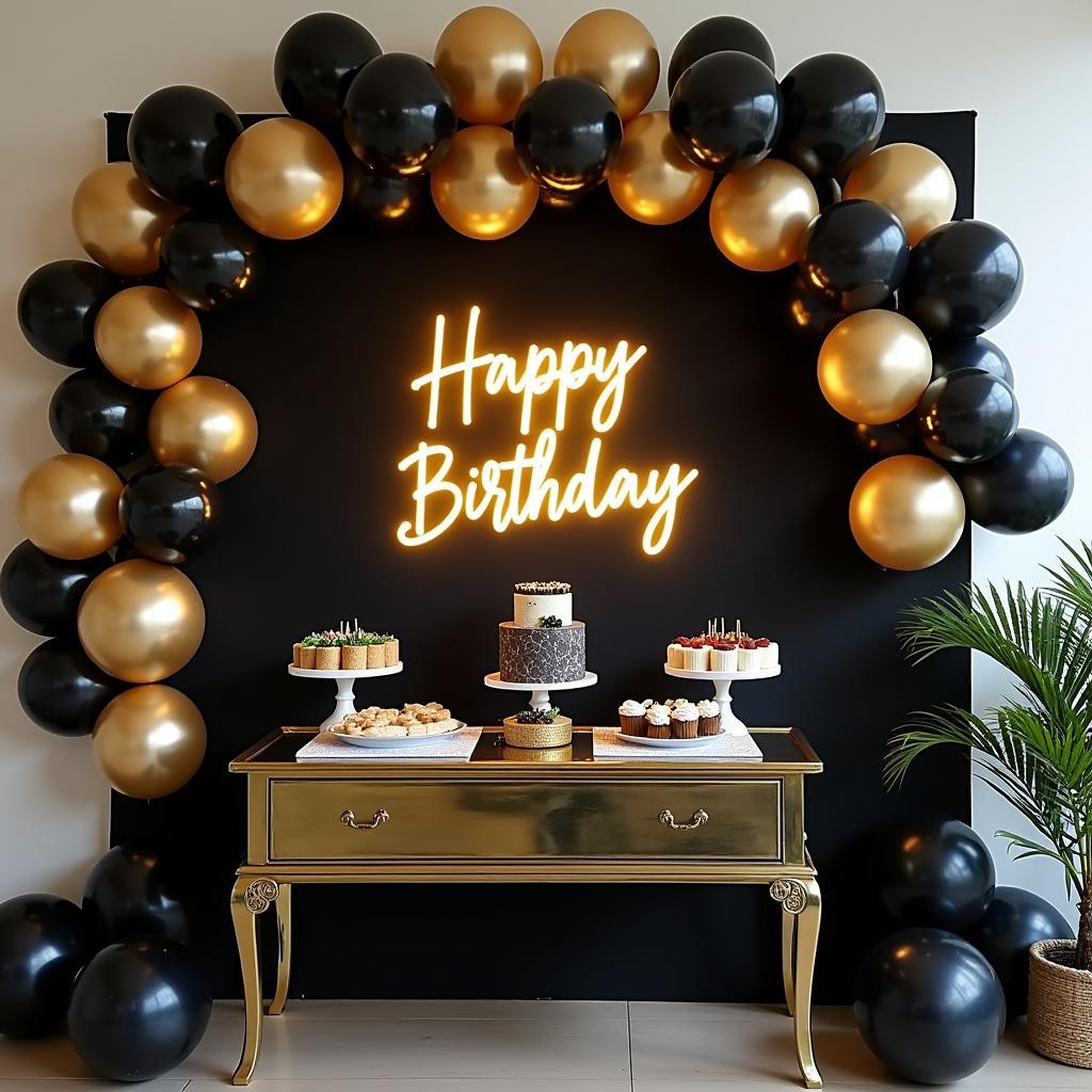 Không gian tiệc sinh nhật người lớn sang trọng nhờ thuê bộ trang trí tông màu đen vàng từ Trang Phục Hàng Xanh