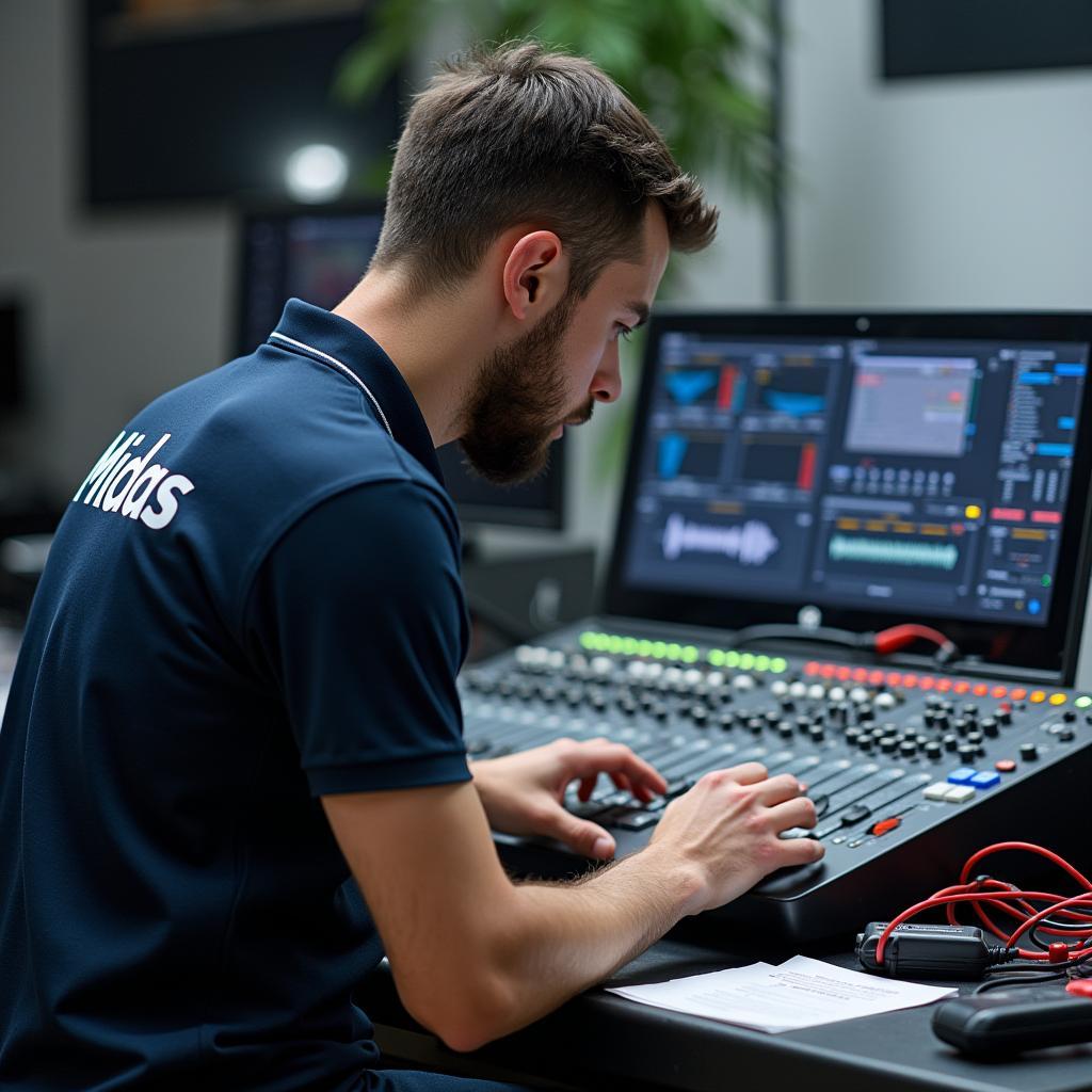 Kỹ thuật viên đang kiểm tra mixer kỹ thuật số trước khi cho thuê để đảm bảo chất lượng