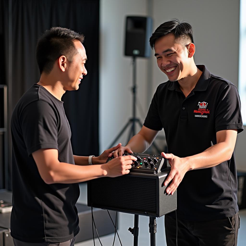 Kỹ thuật viên của Trang Phục Hàng Xanh đang tư vấn và lắp đặt loa monitor cho khách hàng tại sự kiện TPHCM.