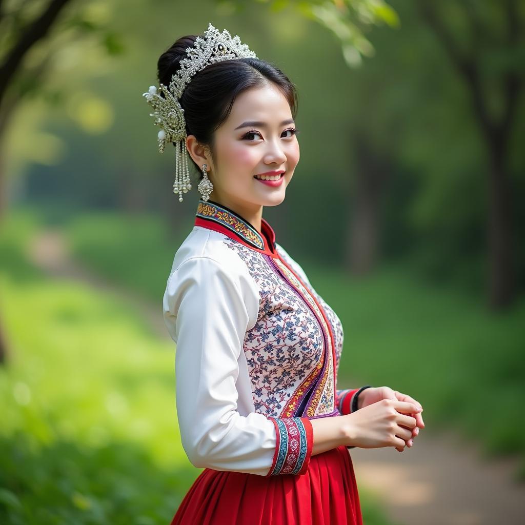 Người mẫu nữ mặc bộ trang phục dân tộc Mông trắng truyền thống đầy đủ phụ kiện tại Trang Phục Hàng Xanh