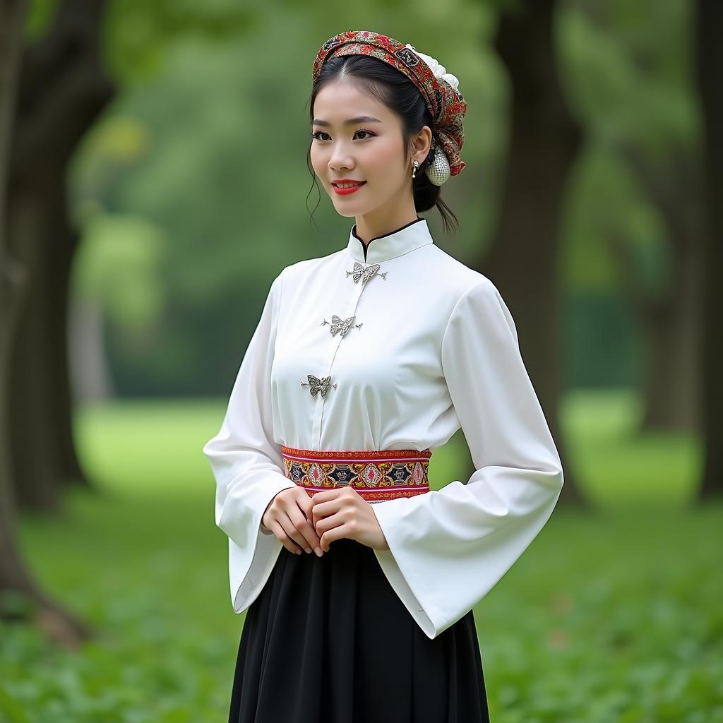 Mẫu trang phục dân tộc Thái Trắng cho nữ với áo cóm và khăn piêu đẹp mắt