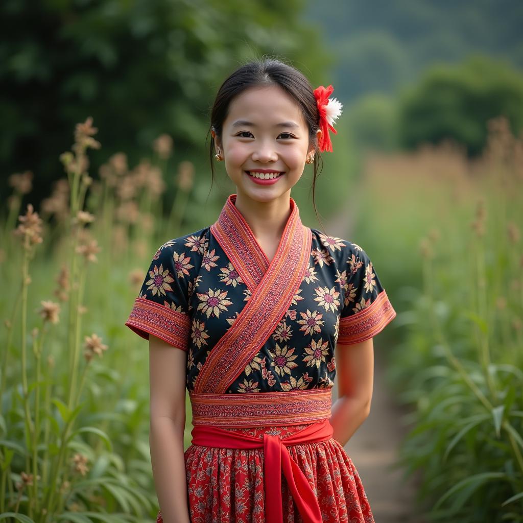 Mẫu trang phục người Mường nữ truyền thống với váy cạp điều và áo pắn đẹp cho thuê tại Trang Phục Hàng Xanh