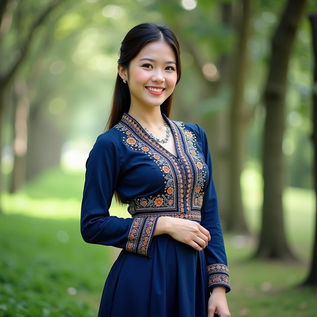 Người mẫu nữ mặc trang phục người Tày truyền thống màu chàm đặc trưng đứng giữa không gian xanh