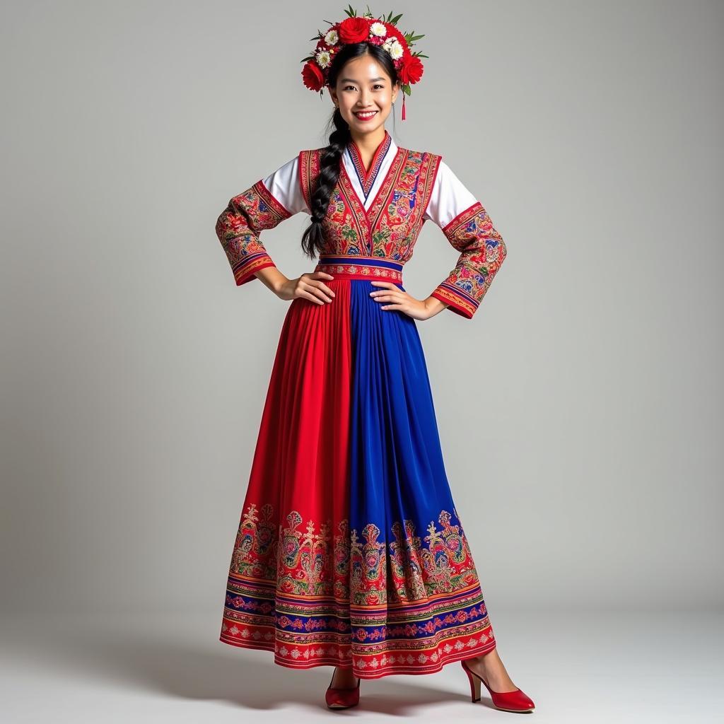 Người mẫu nữ mặc bộ trang phục dân tộc Mông Hoa rực rỡ, đầy đủ phụ kiện tại Trang Phục Hàng Xanh