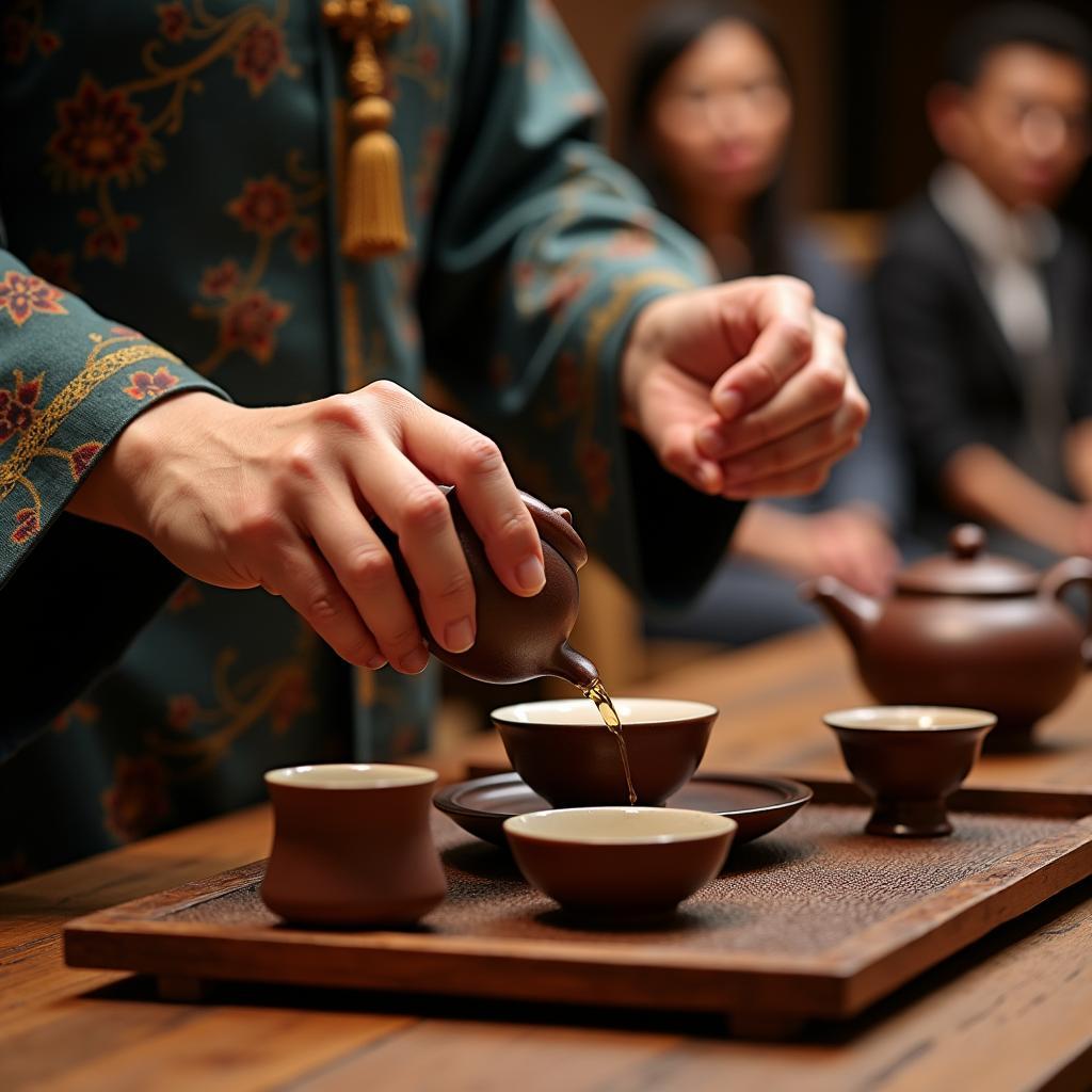 Hình ảnh nghệ nhân trà đạo đang chuyên tâm pha trà trong một sự kiện trang trọng do Trang Phục Hàng Xanh cung cấp.