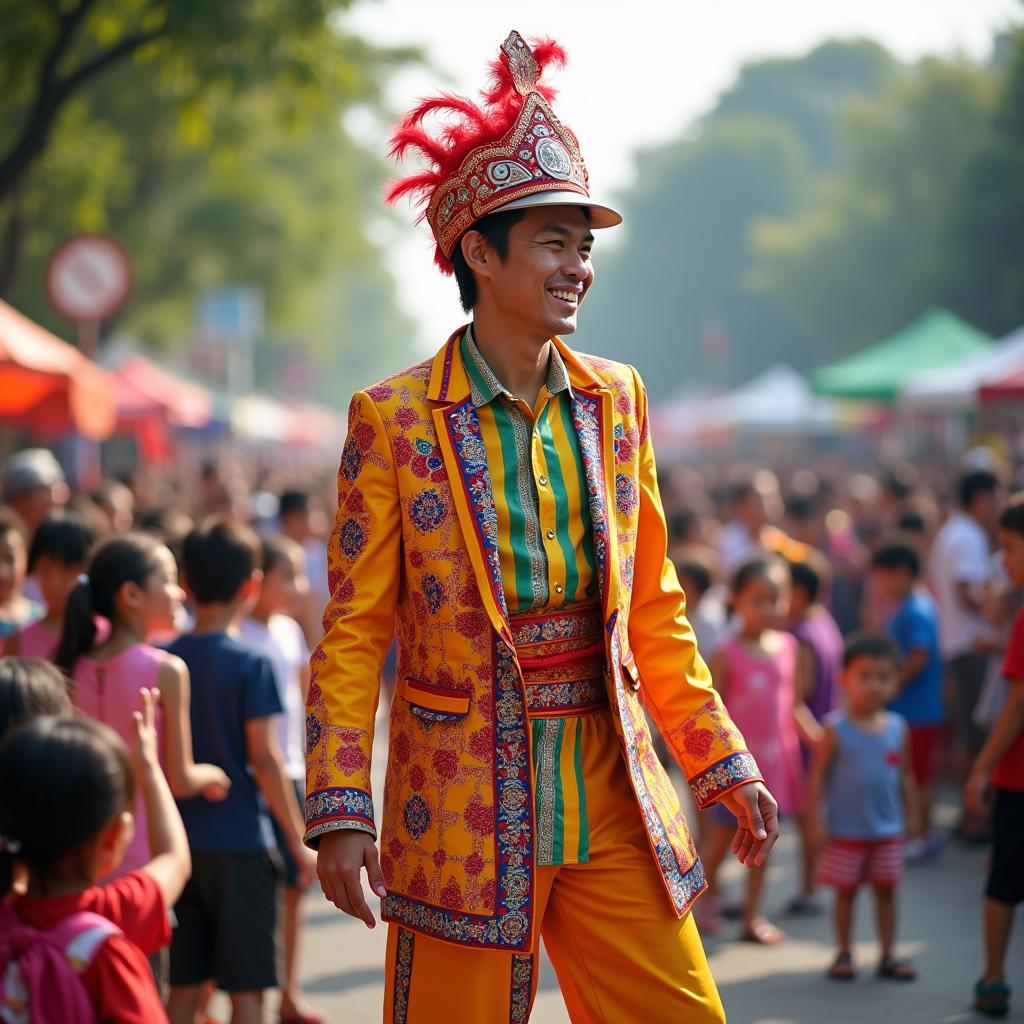 Hình ảnh nghệ sĩ biểu diễn cà kheo chuyên nghiệp trong trang phục rực rỡ tại sự kiện ở TPHCM.